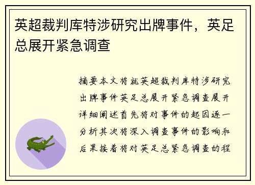 英超裁判库特涉研究出牌事件，英足总展开紧急调查